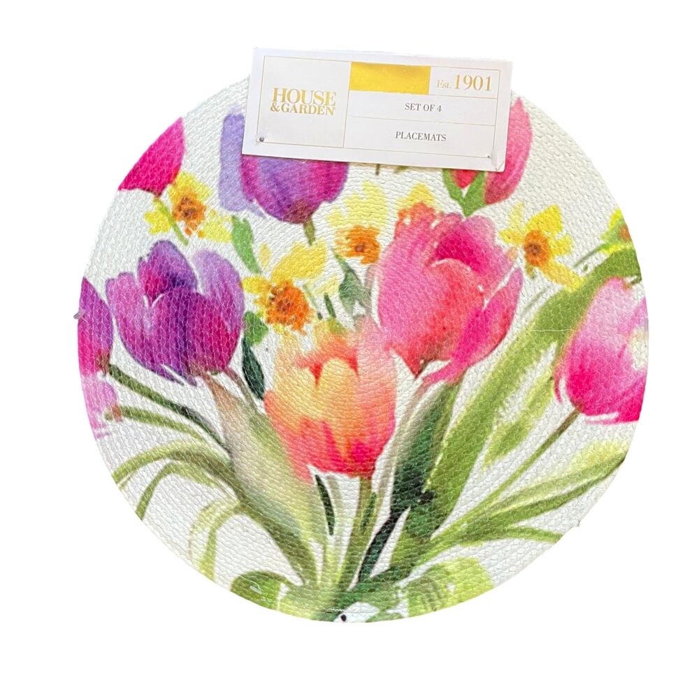 HOUSE AND GARDEN Set of 4 Spring Floral Tulips Round 15" Placemats Colorful NEW